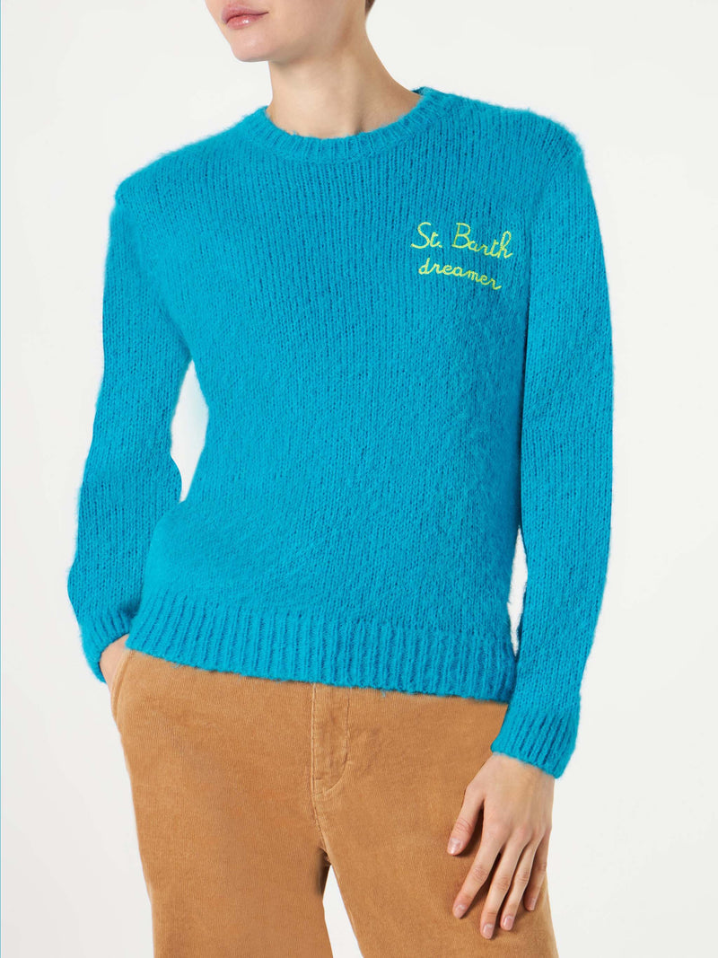 Woman light blue brushed sweater with embroidery