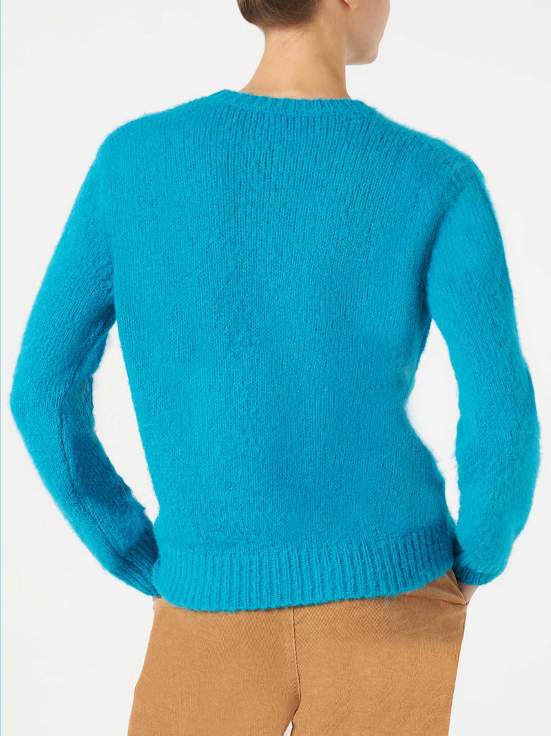 Woman light blue brushed sweater with embroidery