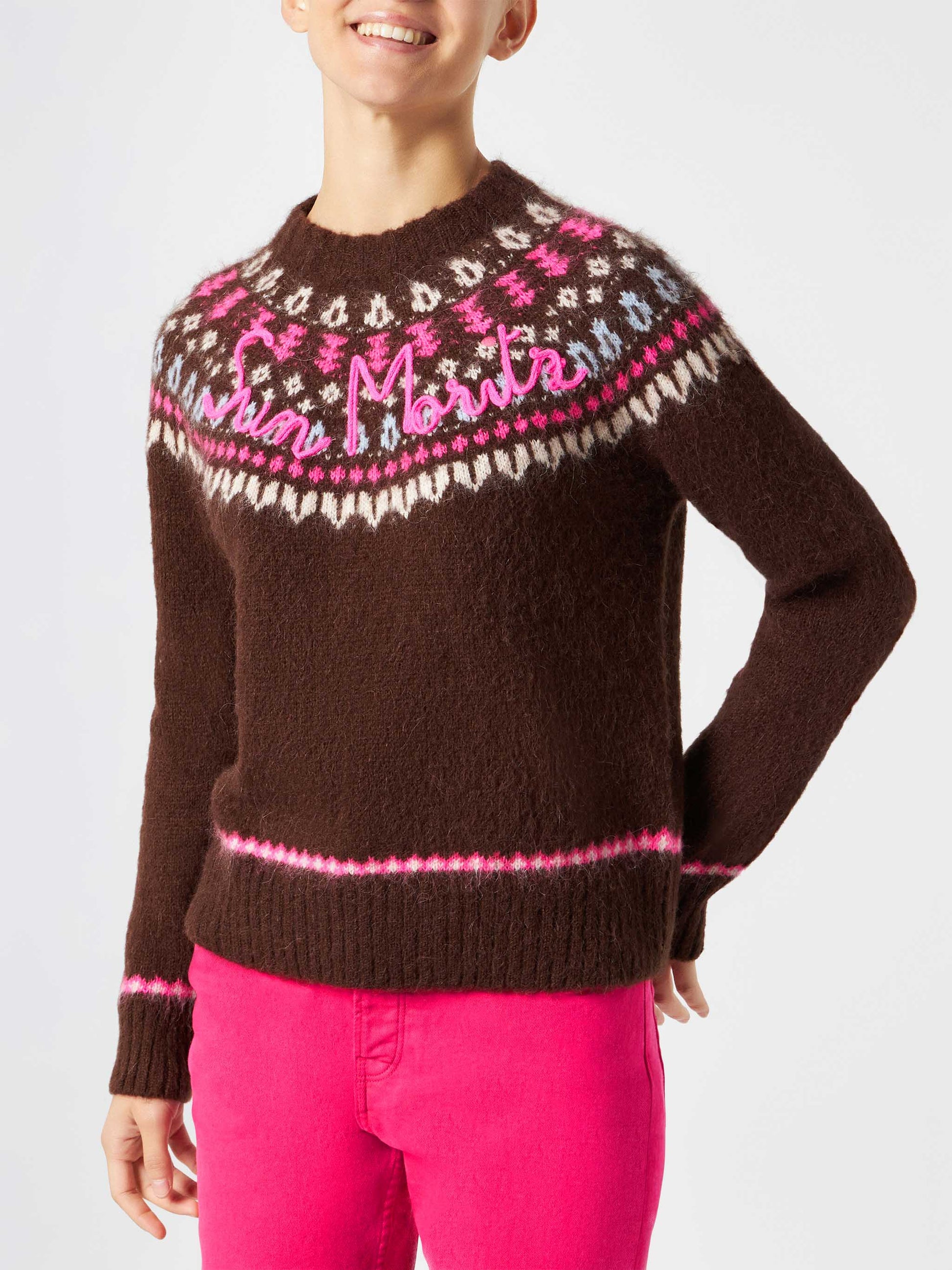 Woman brown crewneck nordic jacquard sweater - MC2 Saint Barth