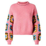 Woman ultra soft crewneck sweater with handmade crochet sleeves