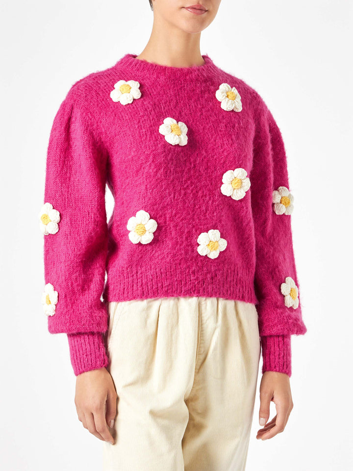 Woman brushed sweater with crochet flowers appliqués - MC2 Saint Barth