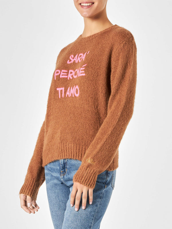 Woman brown brushed sweater with embroidery