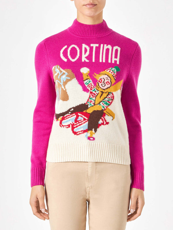 Woman crewneck sweater with Cortina postcard