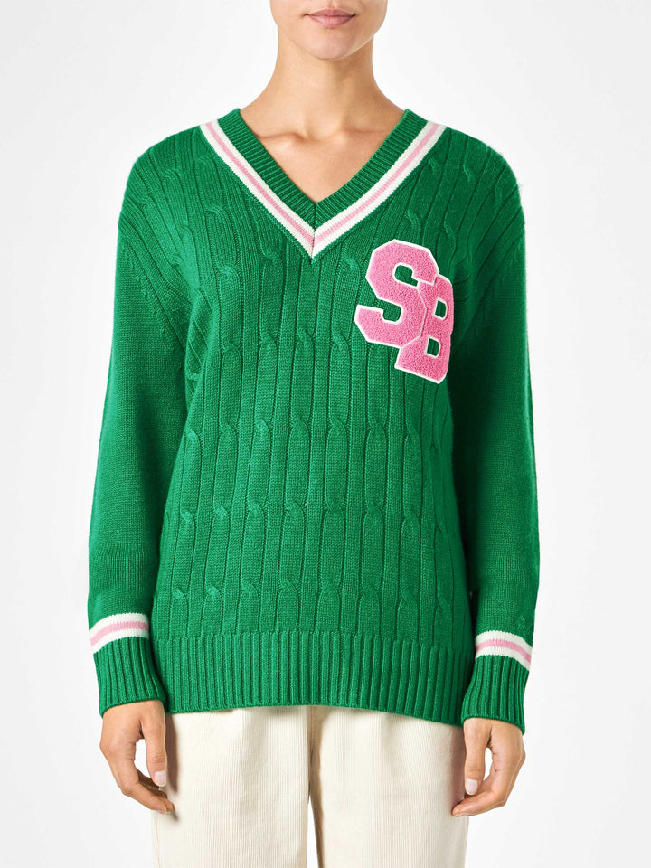 Woman v-neck braided sweater with patch - MC2 Saint Barth