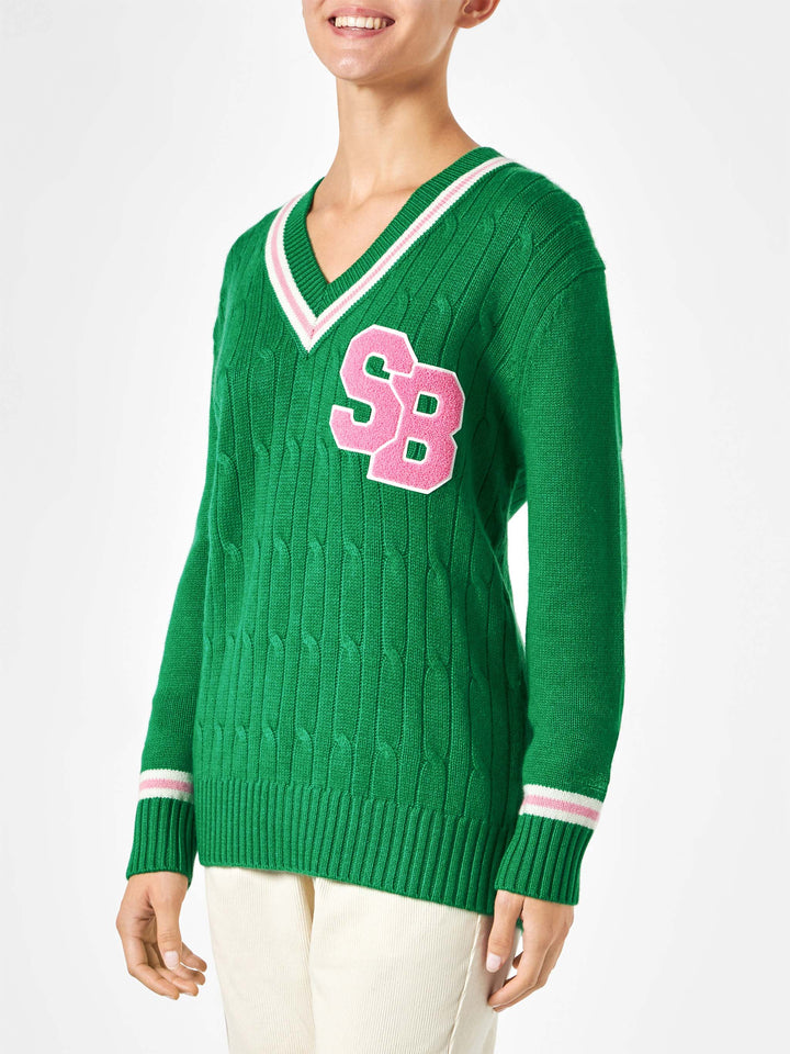 Woman v-neck braided sweater with patch - MC2 Saint Barth