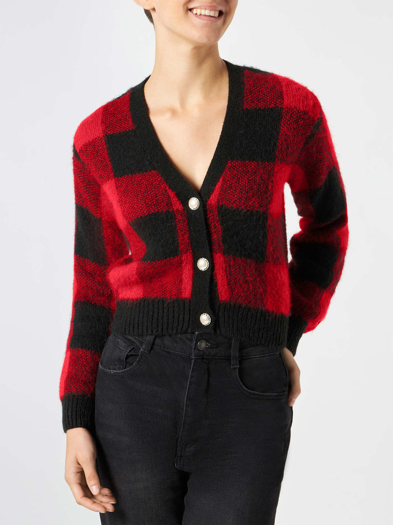 Kurzer Damen-Cardigan mit Schmuckknöpfen und Tartan-Print