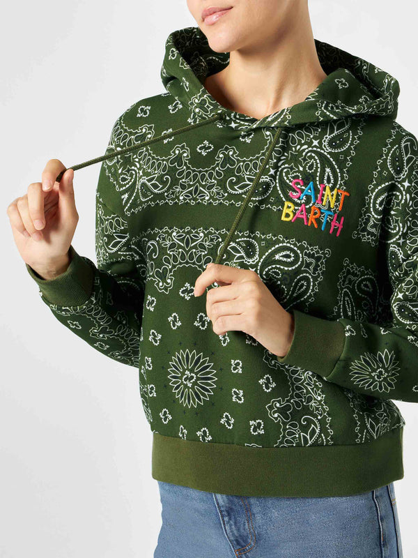 Woman hooded fleece sweatshirt with bandanna print