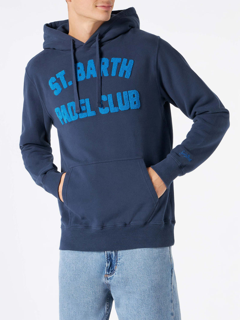 Man navy blue hooded sweatshirt with print