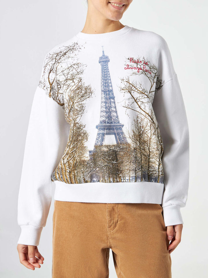 Woman fleece sweatshirt with Paris postcard print