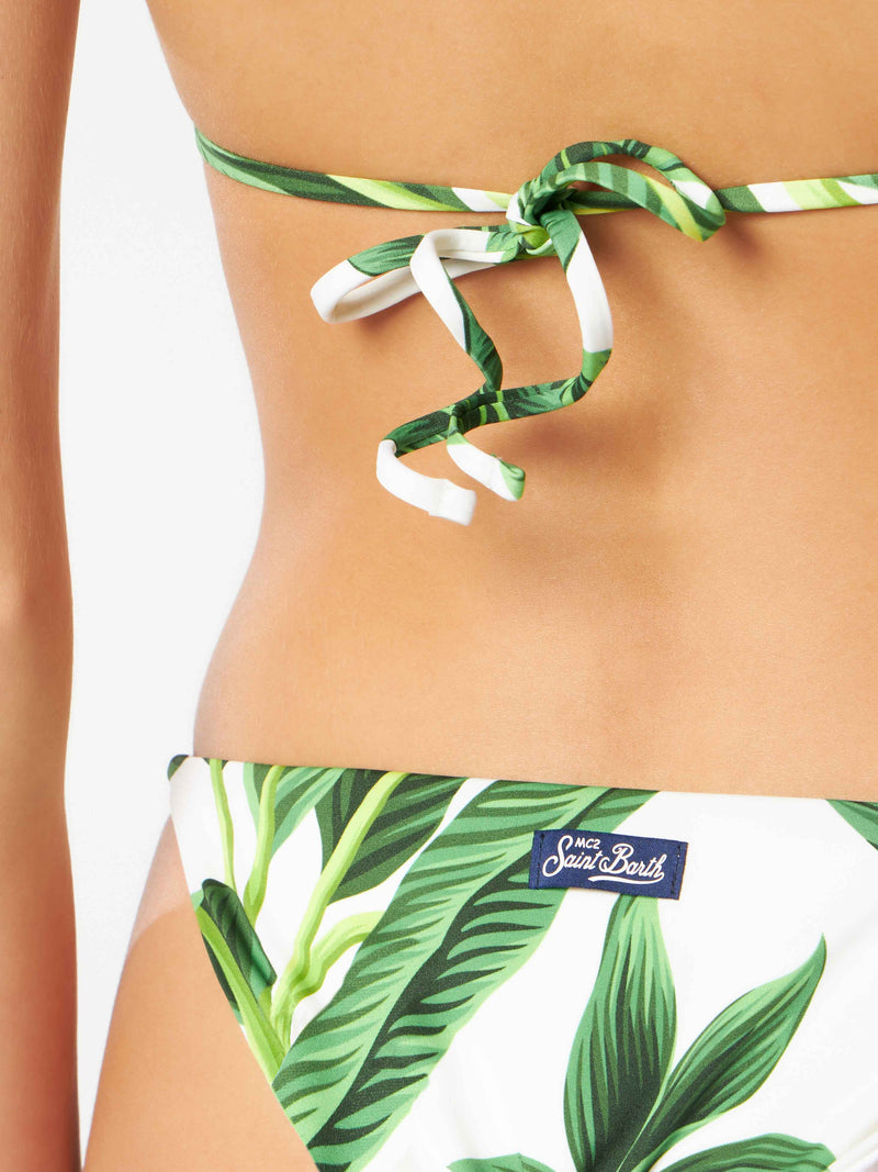 Woman triangle bikini with tropical print