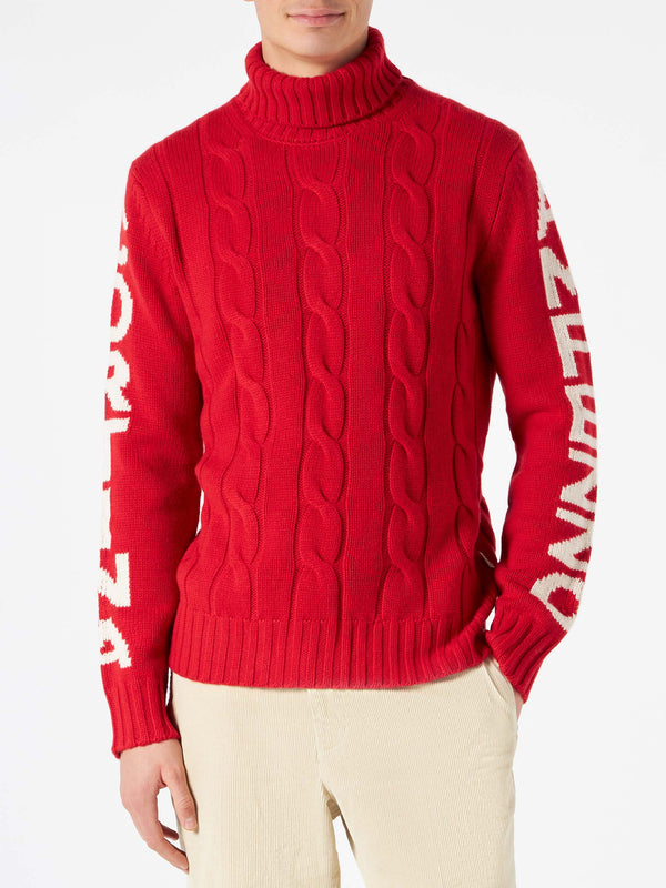 Geflochtener Rollkragenpullover für Herren mit Cortina Ampezzo-Aufdruck