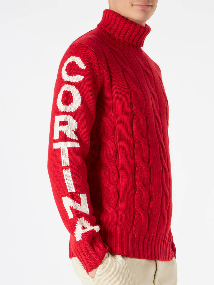 Geflochtener Rollkragenpullover für Herren mit Cortina Ampezzo-Aufdruck