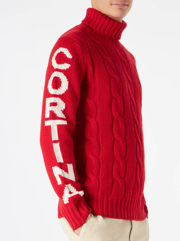 Geflochtener Rollkragenpullover für Herren mit Cortina Ampezzo-Aufdruck