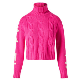 Maglia da donna intrecciata dolcevita rosa fluo