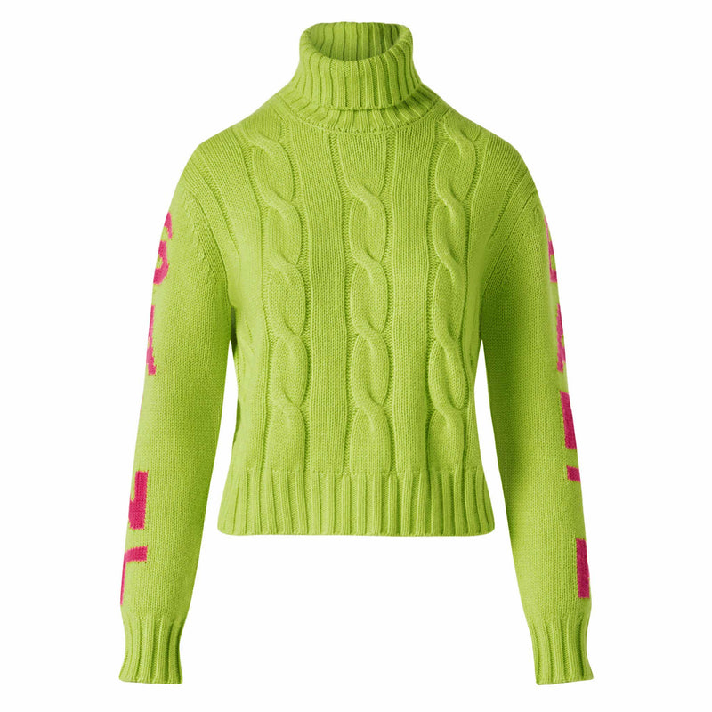 Woman fluo yellow turtleneck braided sweater