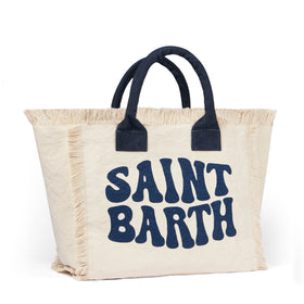 Bolso de hombro Vanity de lona blanca con logo Groovy azul 