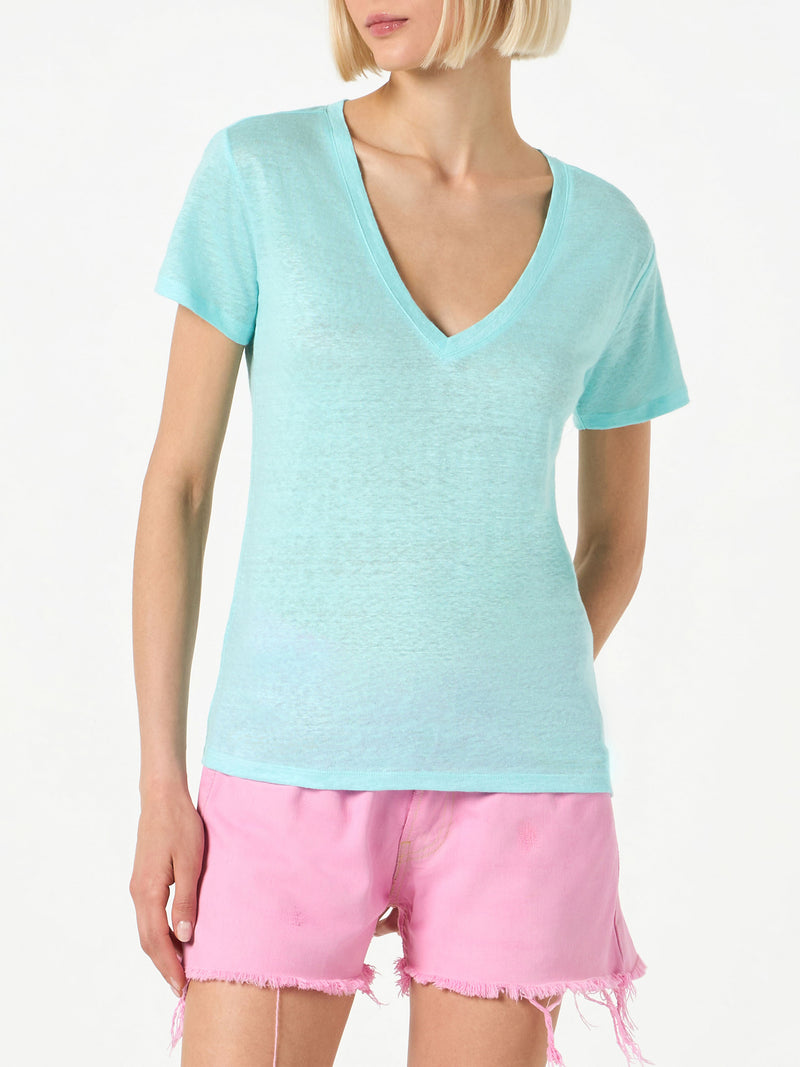 T-shirt da donna in lino verde acqua