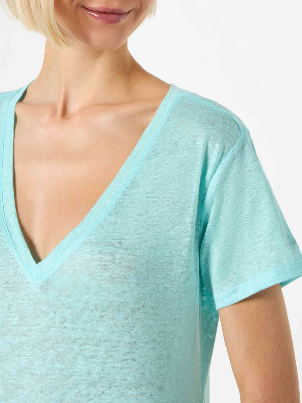 Wassergrünes Damen-T-Shirt aus Leinen