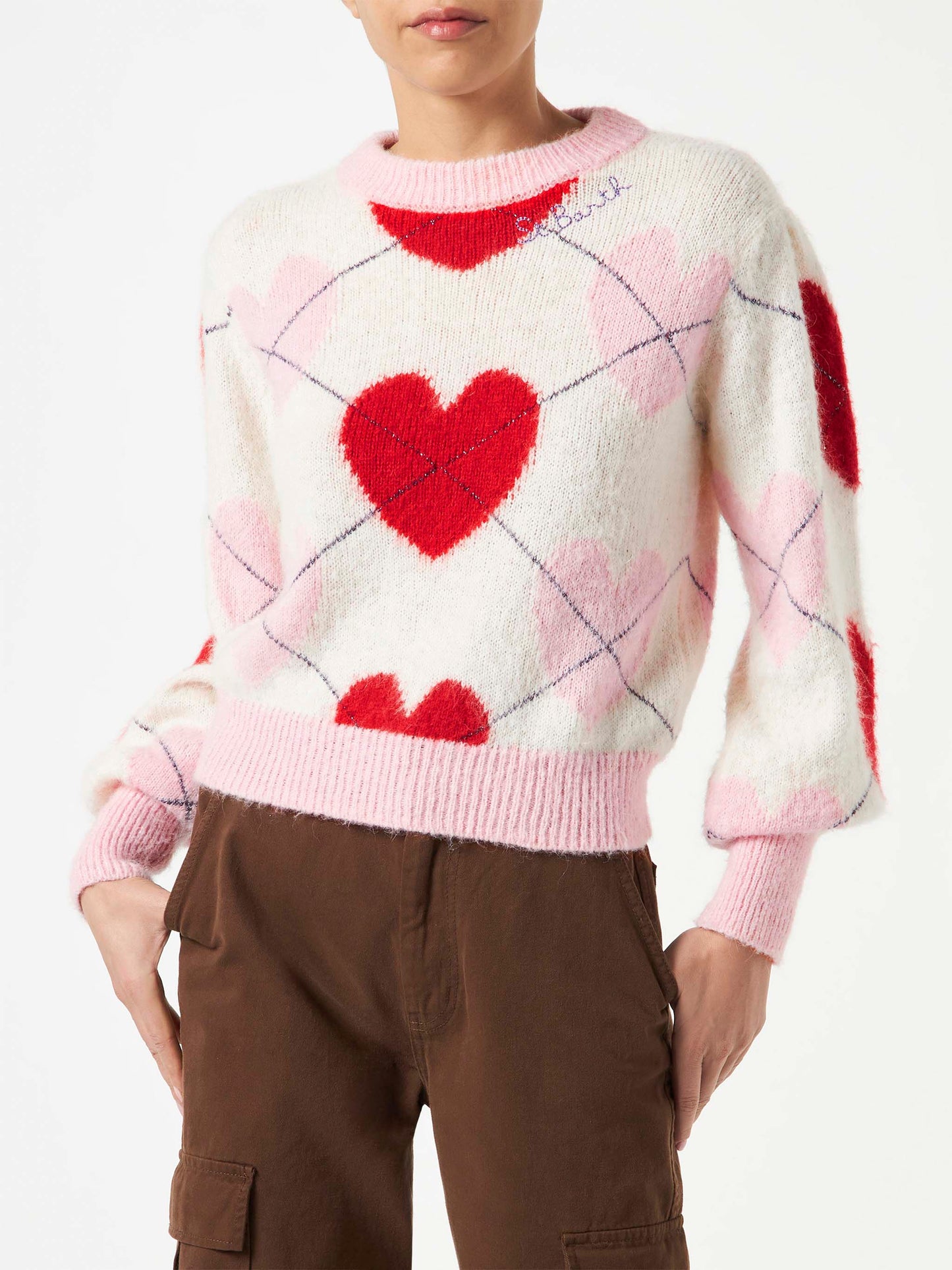 Maglione garzato da donna con jacquard argyle e cuori