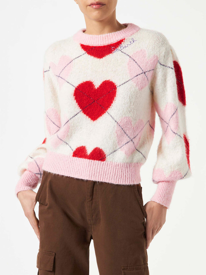 Maglione garzato da donna con jacquard argyle e cuori