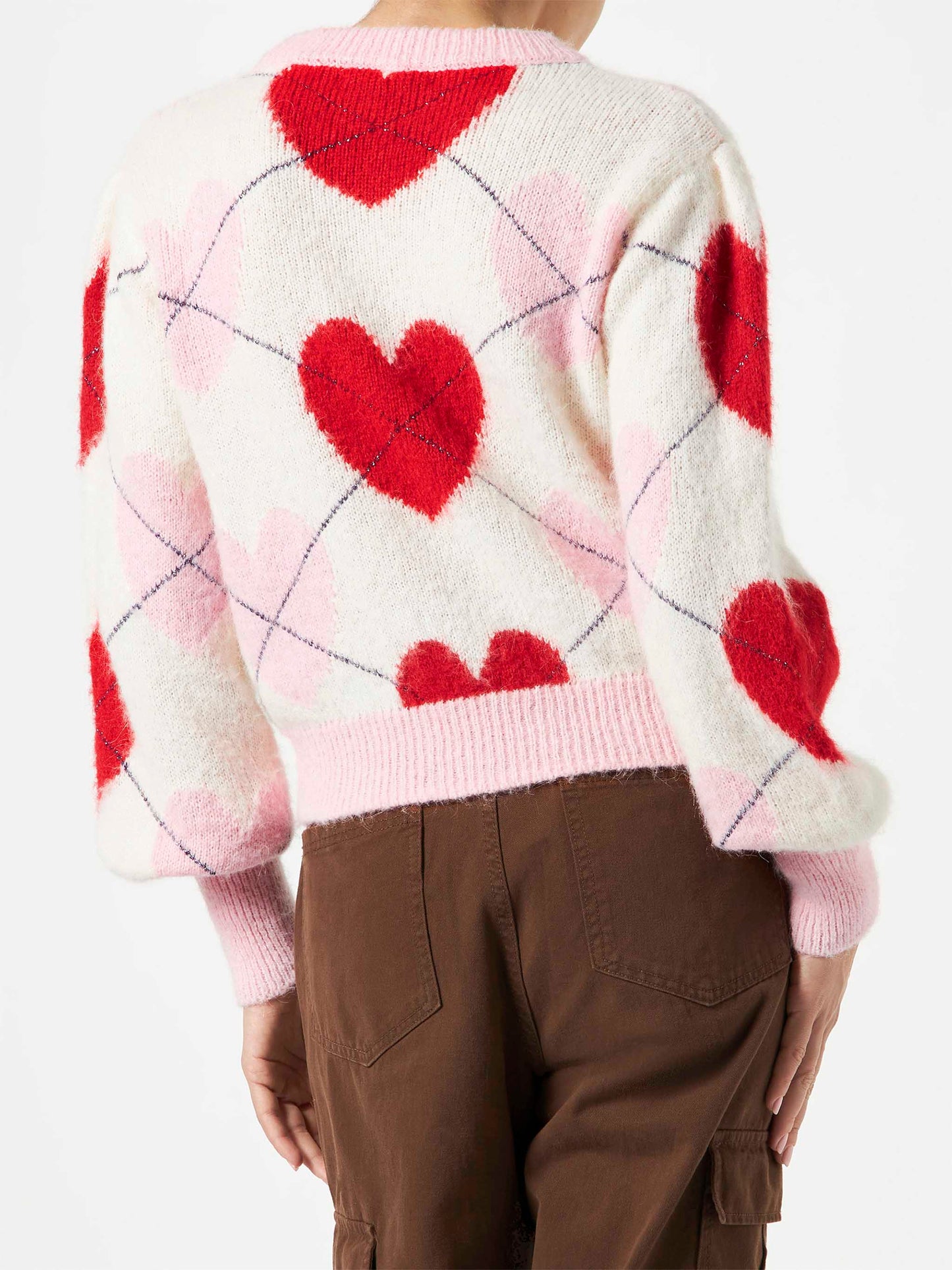 Maglione garzato da donna con jacquard argyle e cuori