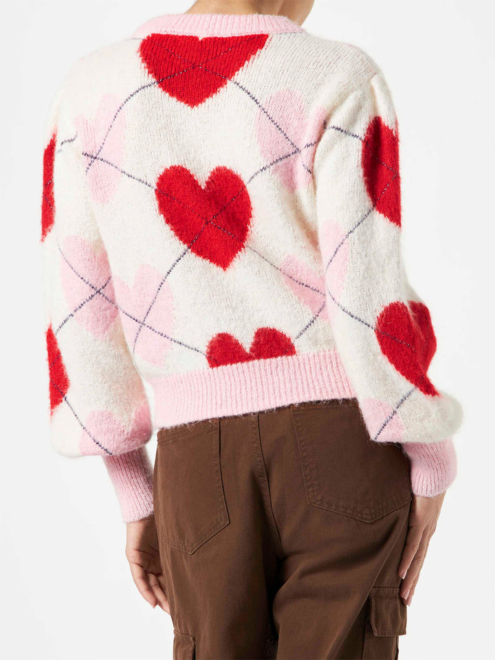 Maglione garzato da donna con jacquard argyle e cuori