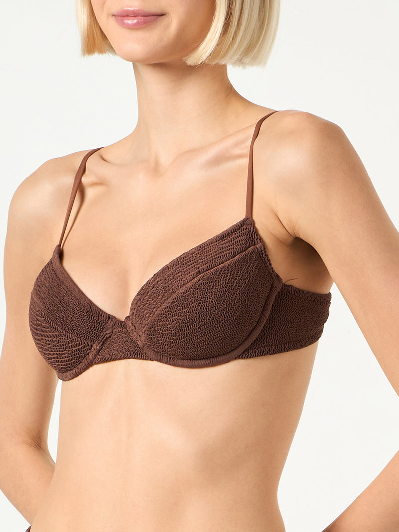 Costume da bagno donna bralette con ferretto marrone crinkle