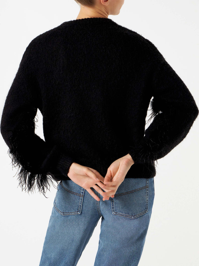 Woman black brushed crewneck sweater with fringe