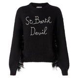 Woman black brushed crewneck sweater with fringe