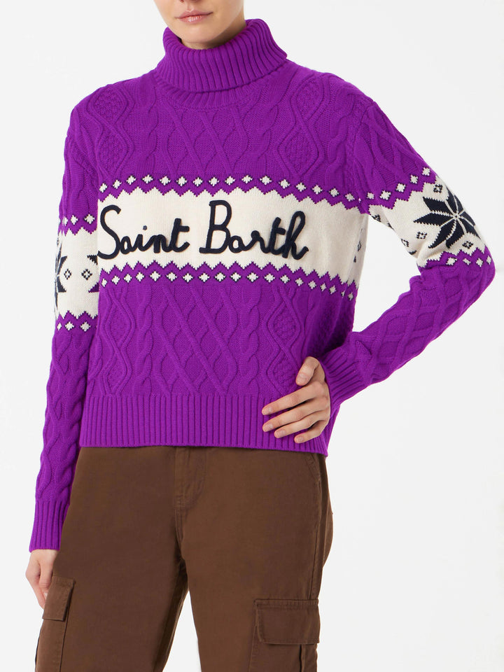 Maglione da donna mezzo dolcevita con scritta Saint Barth