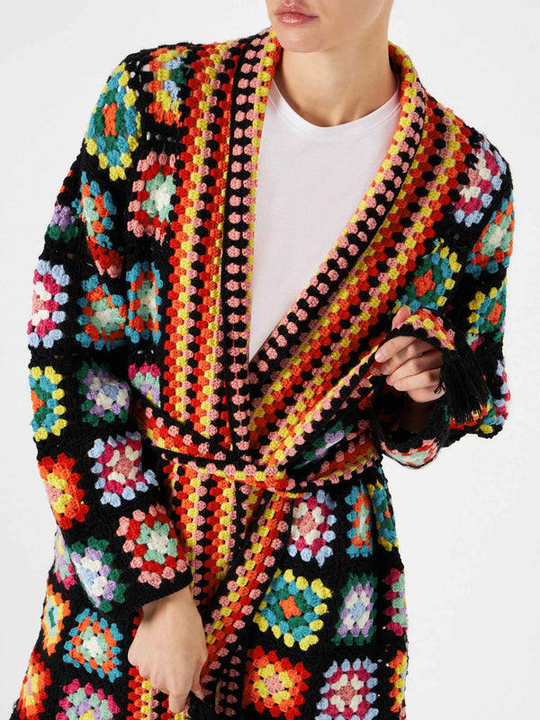 Multicolor crochet coat with belt