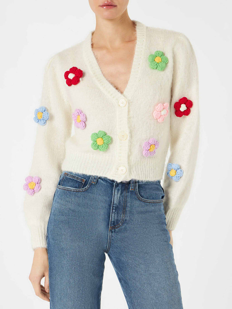 Woman brushed cropped cardigan with puff sleeves