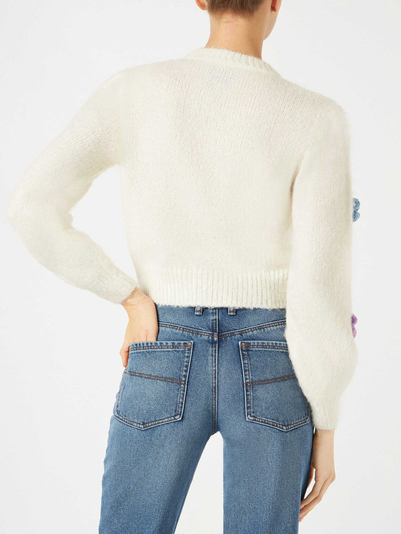 Woman brushed cropped cardigan with puff sleeves