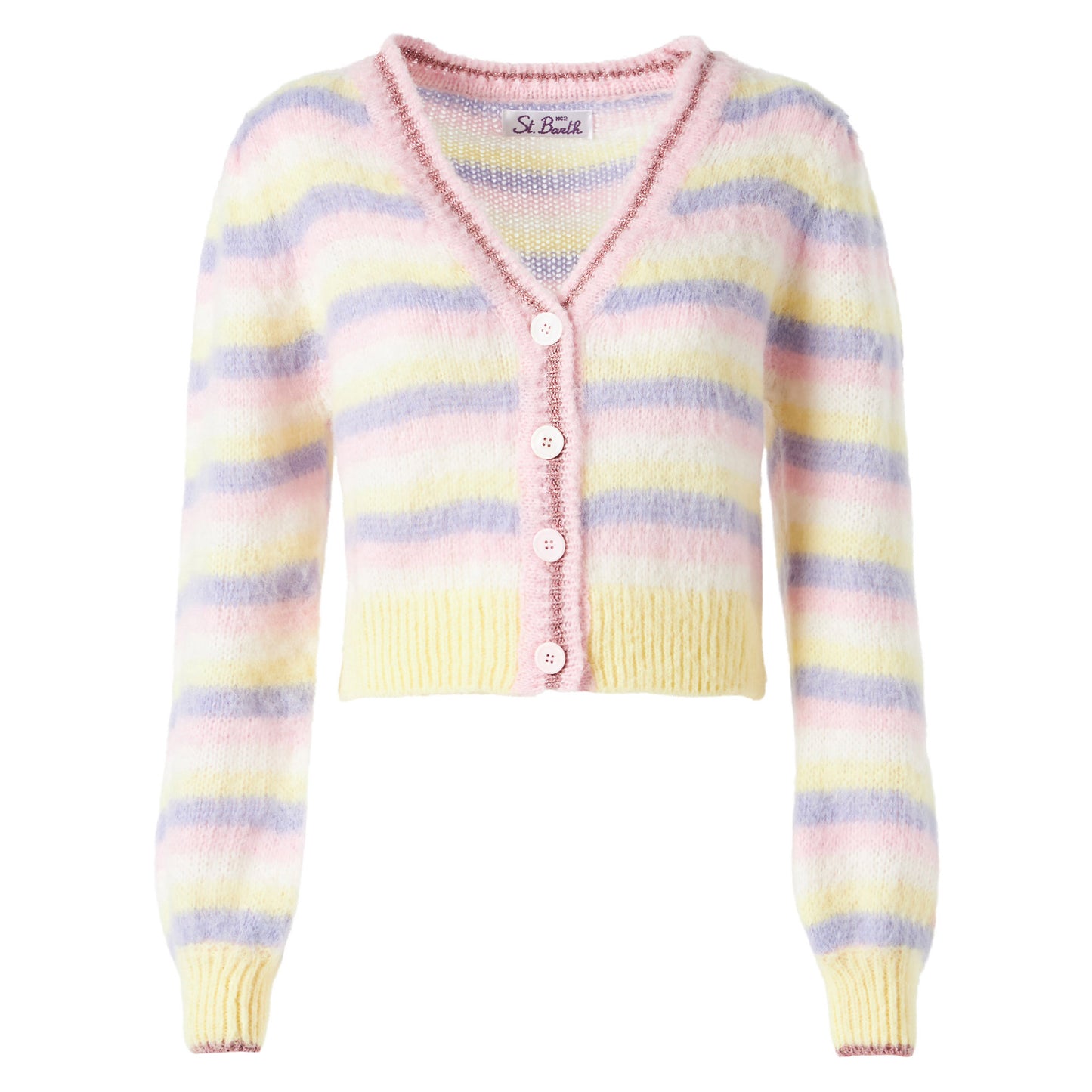 Kurzer Cardigan aus gebürstetem Strick mit Puffärmeln und Lurex-Details