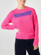 Maglione da donna garzato rosa fluo con stampa Adorooo