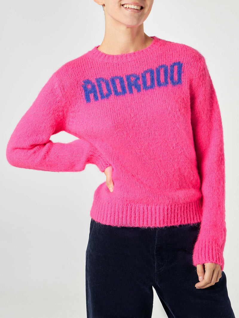 Maglia da donna garzata rosa fluo con stampa Adoro