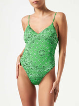 Woman one piece swimsuit with bandanna print