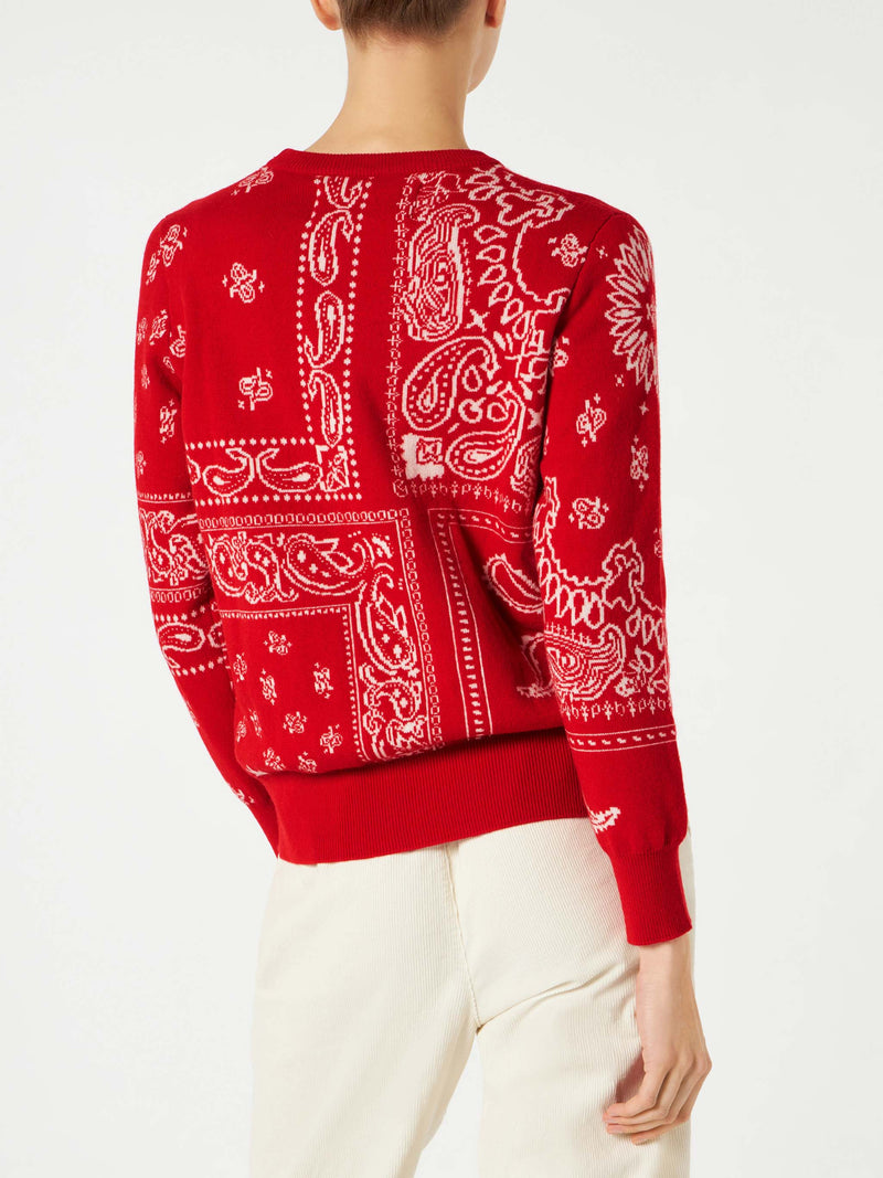 Woman sweater with red bandanna jacquard