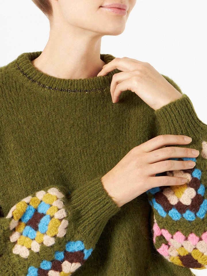 Woman ultra soft crewneck with handmade crochet sleeves - MC2 Saint Barth