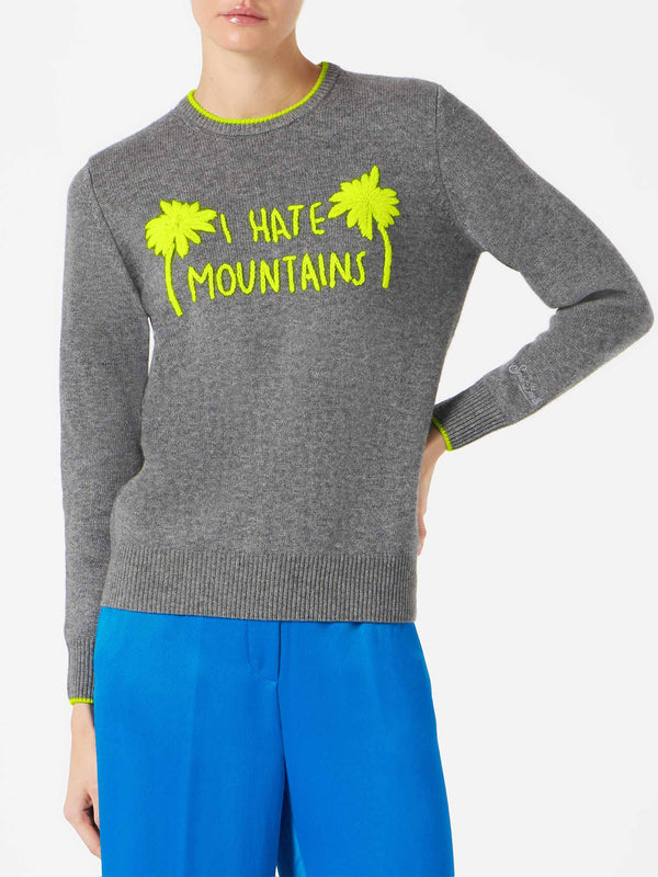 Maglia da donna grigia ricamo I hate mountains giallo fluo 