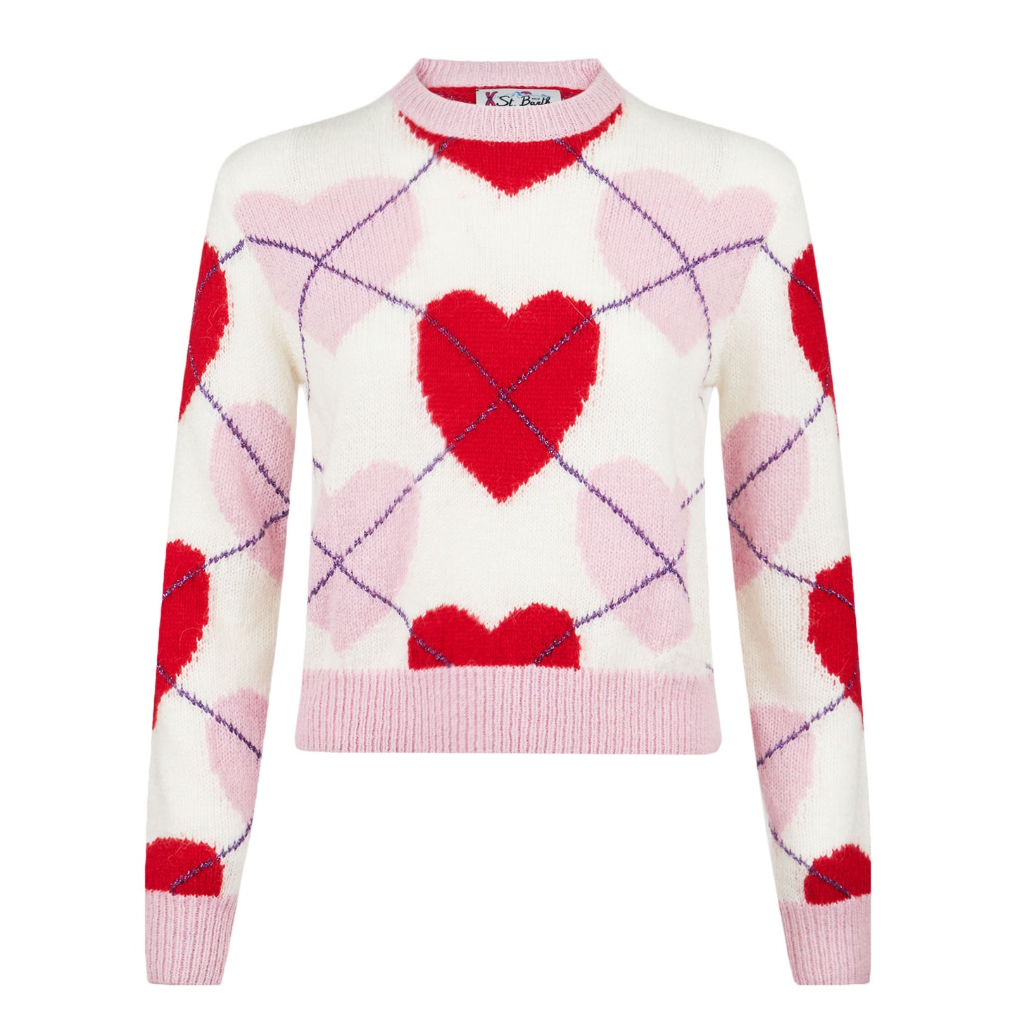 Maglione cropped garzato da donna con fantasia a cuori