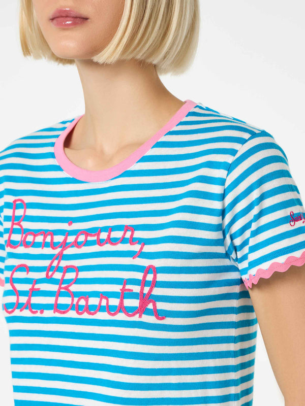 Damen-T-Shirt aus Baumwolle mit Bonjour St. Barth-Stickerei